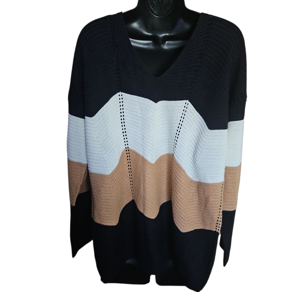 Ashley Stewart V-Neck Sweater - Black, White, and Brown